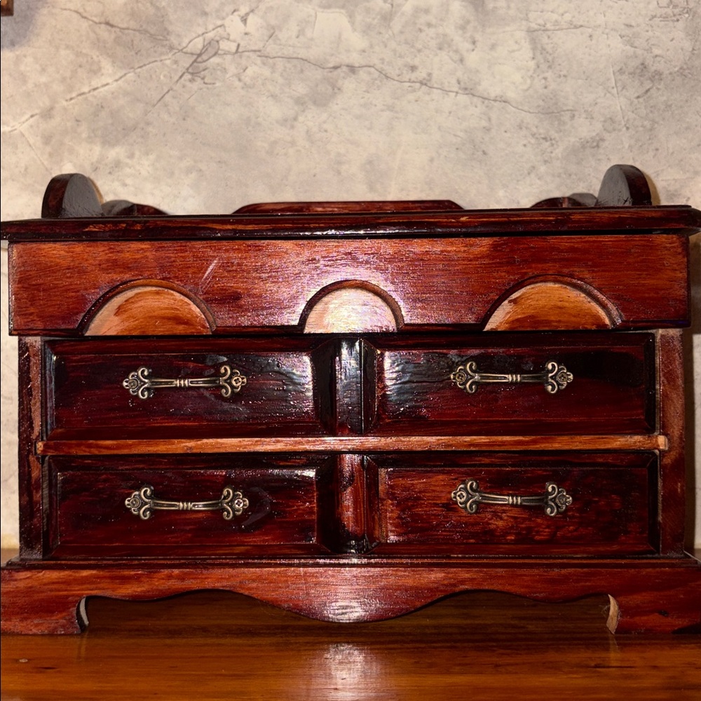 Handmade Vintage Wooden Jewelry Box Treasure Chest Stash Spot Lift Top/2 Drawer - Picture 11 of 17